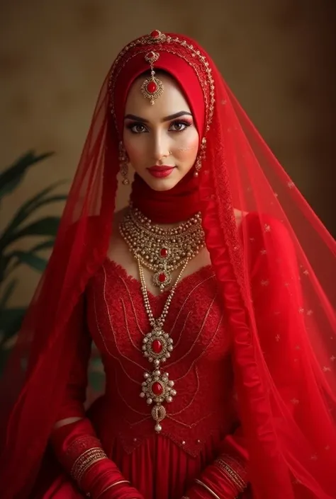 Beautiful muslim niqabi bride red dress asian heavy jewelery bridal day outfit