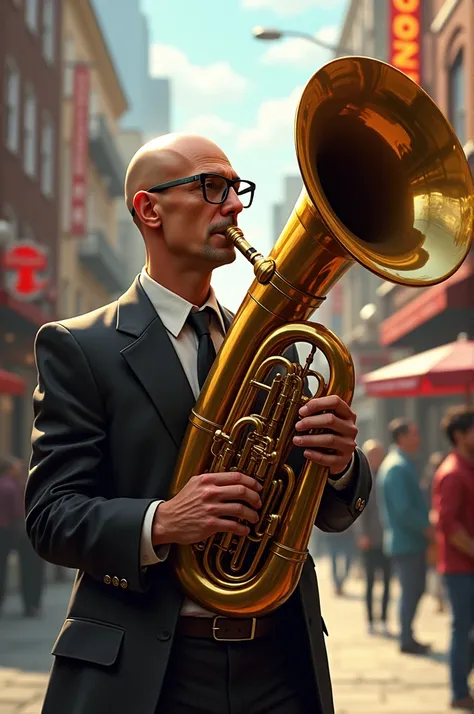 Bald man playing Sousaphone 