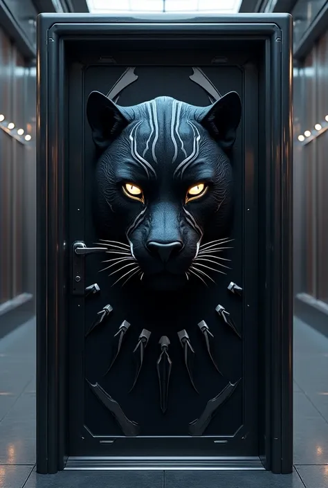 Generate a futuristic door mixed black panther   
 Showing black panther face