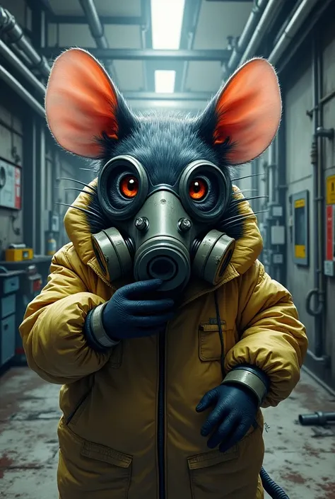 Image of a rat wearing a gas mask in the laboratory but the graffiti mode image 

