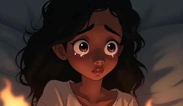 Create me an animated African girl about the age of 15years,with long hair style,with a big fat lips like a beast crying in her room alone 