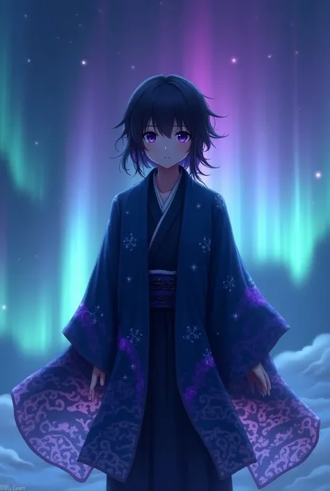 custom haori ,  that resembles the colors of an aurora borealis . The fabric is dark blue ,  with patterns that mimic dancing lights in shades of purple, green and pink.  The inner part of your haori shines slightly ,  as if it had captured starlight . ANI...