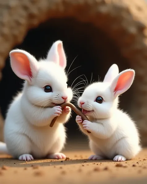 "Create an ultra-realistic 8K image of a fluffy, white chinchilla and a small white rabbit playing together outdoors. They are sharing a thin stick between them, holding it in their mouths in a playful manner. The setting is a natural environment with a br...