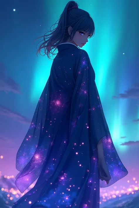  haori that resembles the colors of an aurora borealis . The fabric is dark blue ,  with patterns that mimic dancing lights in shades of purple, green and pink.  The inner part of your haori shines slightly ,  as if it had captured starlight . ANIME STYLE