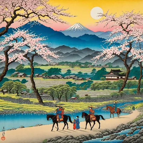 A samurai on horseback leaving his homeland, moving further away along a dusty road by a stream, his loving wife with a  in her arms, staying behind by the blooming Sakura. In the background, a village at the foot of the mountains, a waterfall, the beauty ...