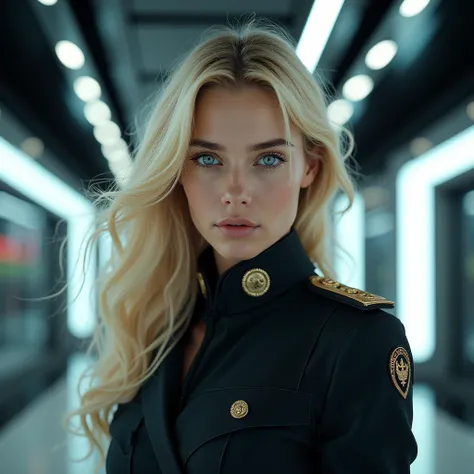 A beautiful young woman, White woman with intense blond hair ,, blue eyes,  wearing a decorated black military suit, in a futuristic base.