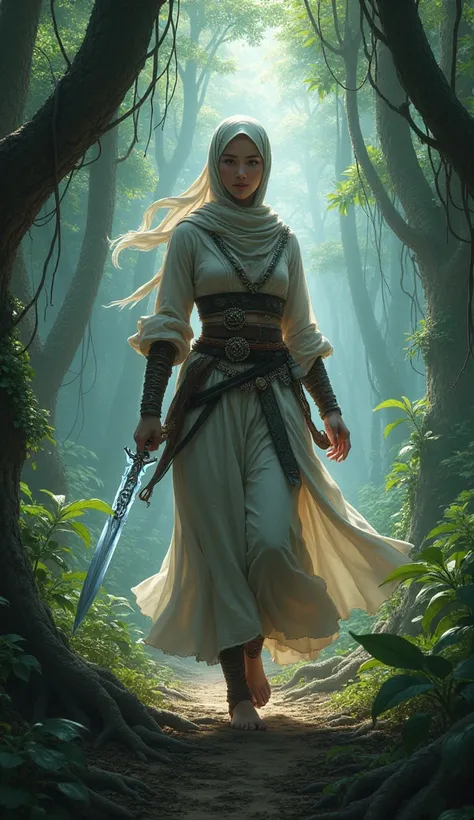 a beautiful female warrior in hijab, wearing a battle robe and a white tiger sword, walking in epic shape in the dark, jungle background