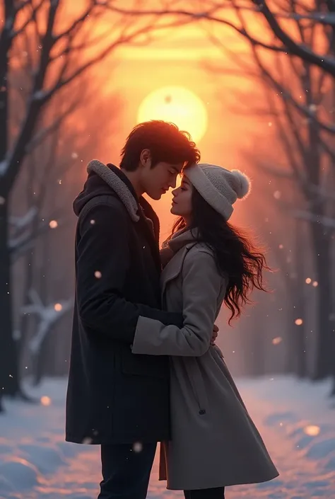 A young black-haired man, kissing a young woman with black hair. He is tall and she is short ; She has loose hair and a snow cap on her head;  he has a little long hair and is messy on his head .  In the sky there is a beautiful sunset and both are in a pa...