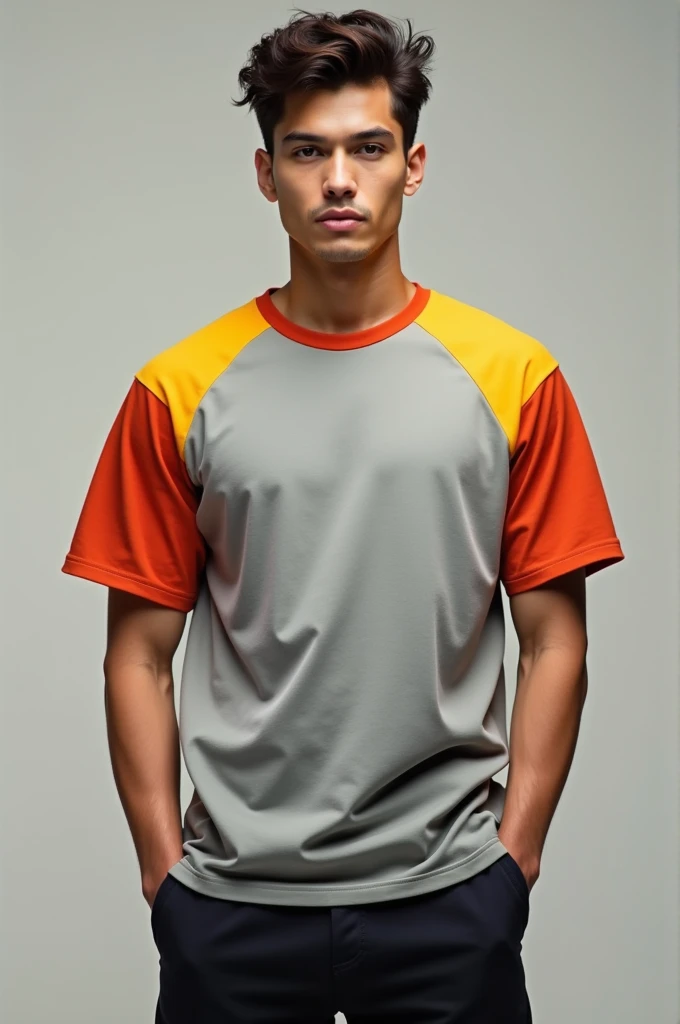 Gray collar t-shirt with tomato sleeves and yellow details