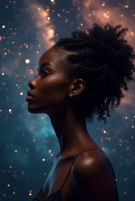 Make a very high quality image of a black girl beautiful Mind and in the background The surprising universe 