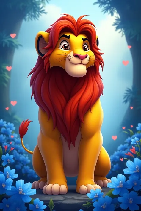 Simba dans un décor de coeurs et fleurs bleus 