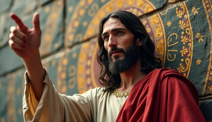 create an image of Jesus pointing his finger forward as if he were pointing at someone. on a large mural. best quality, 4K, high, ultra-detailed, (Realistic, photorealistic, photorealistic: 1.37), HDR, UHD, studio lighting, ultra-fine tone, beautiful drawi...