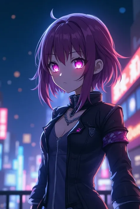 anime girl, holographic style , night background, bright eyes,  posing at an angle of 80 percent, bright colors, fashionable clothes, 