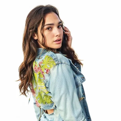 arafed woman in a denim jacket   talking on a cell phone,   photo of the beautiful girl Gadot  , two lips,  vestindo uma denim jacket  , adriana dxim, denim jacket  , fernanda suarez, denim jacket , arte digital. @mariomaniacdude,  Candid photo of Gal Gado...