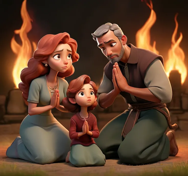 A father,mother,son and daughter kneeling down praying surrounded by fire