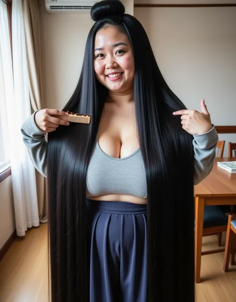 8k,Highest quality, masterpiece, Ultra-high resolution,(masterpiece:1.6, Highest quality), Intricate details, Middle-aged woman in her 50s,Japanese, alone, full body, ((Absurdly Long hair:1.5)),top of head,(jet Black Hair), (forehead:1.5), (Extremely obese...