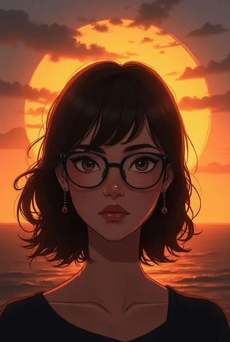 Girl with glasses, brown shoulder length hair, Scorpio sign in the background and sunset 