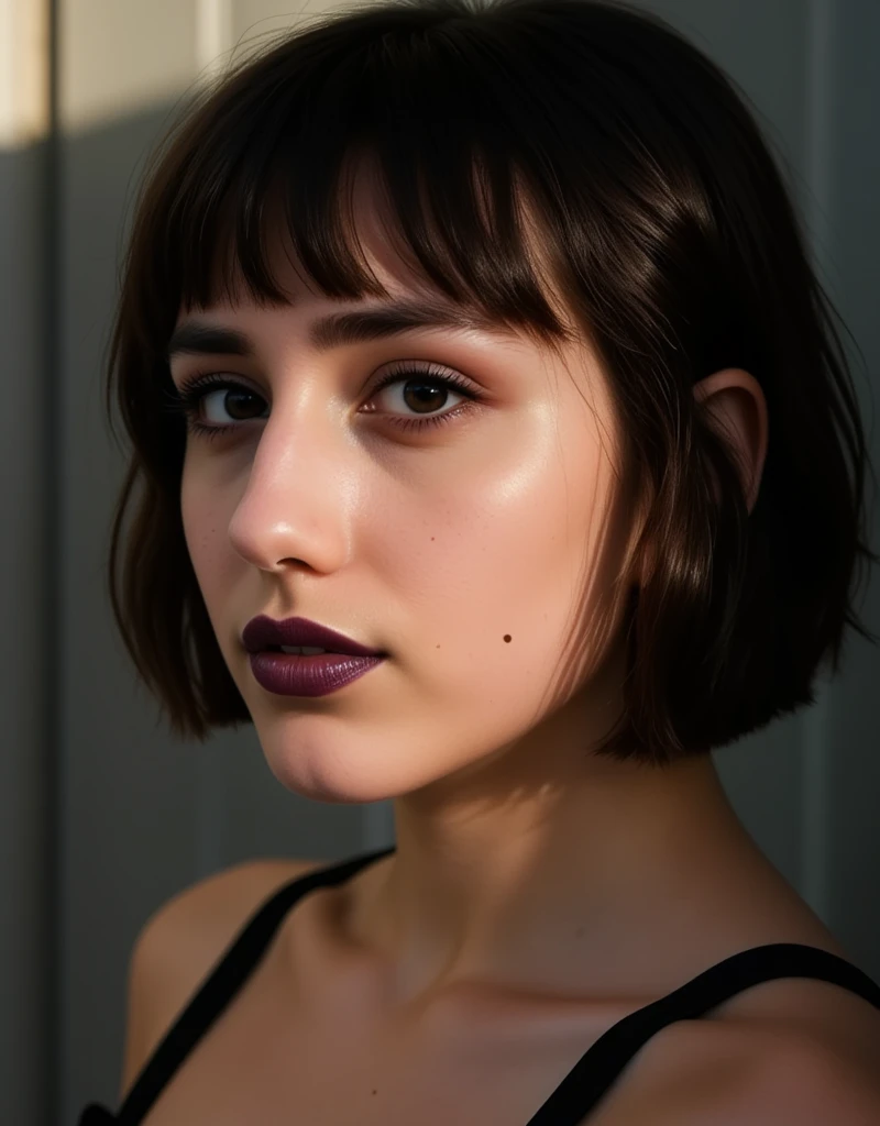 80mm High resolution closeup of a woman with short bob haircut, dark purple lipstick and eyeliner. Focus on skin detail, realism. There is natural light coming from one of her sides, creating a rembrandt-style lighting. 