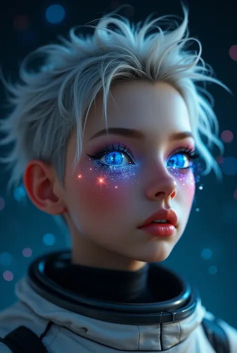 (Close-up of a better masterpiece :1.5)0.9], (Espace et astronautes :1.2) (Messy silver hair :1.1) (Xanthochromic heterochromia and blue eyes :1.2) (Casque spatial :1.0) (Étoiles colorées dans les yeux :1.0) (Un éclat rayonnant :1.1) (thick lips :0.9)