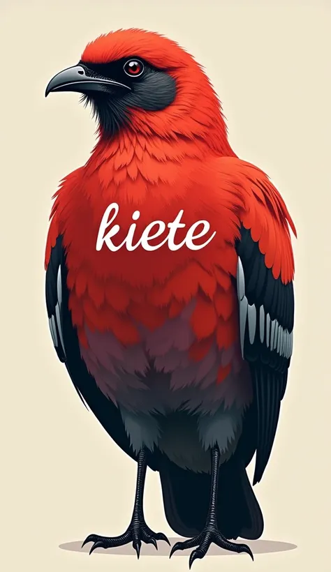 red and black and white bird, with the word keite written on its breast feathers