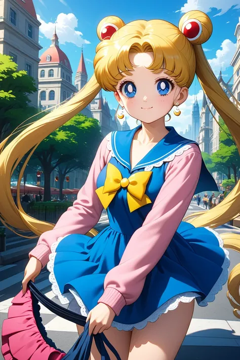 (masterpiece, best quality, very aesthetic, ultra detailed), intricate details, 4k, aausagi, long hair, double bun, twintails, parted bangs, earrings, blue eyes, blue dress, peter pan collar, pink cardigan, holding skirt, looking at viewer, closed mouth, s...