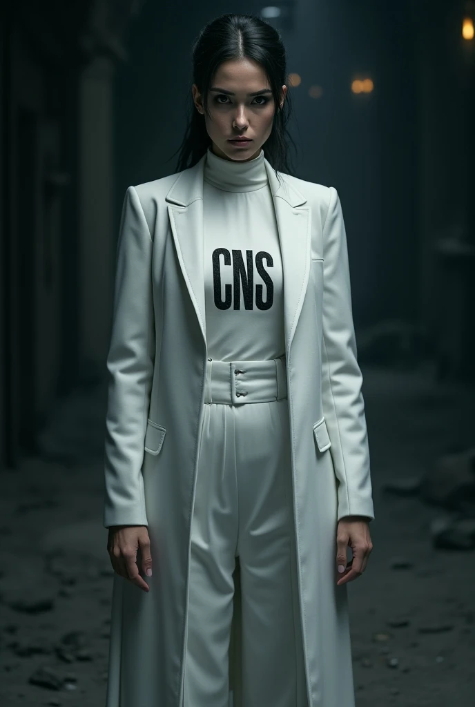 A villainous evil woman with the acronym CNS in her white clothes