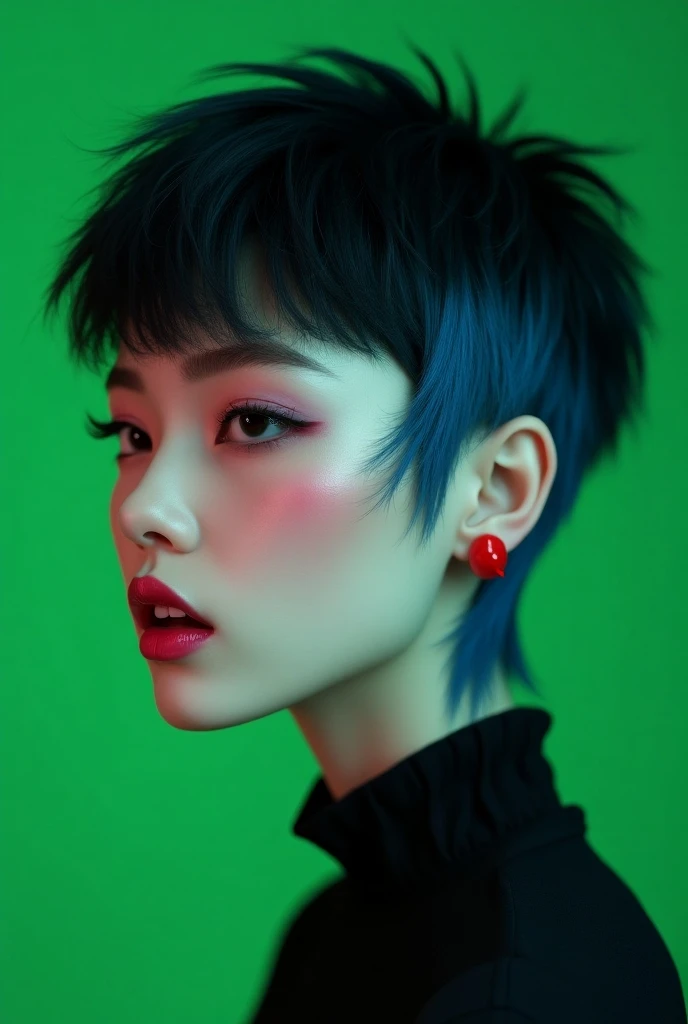 (photorealism:1.2), beautiful face , female , only face , black wolf cut hair shading in blue towards the tips , pink cheeks , vampire canines , eyes looking left , far picture , green background , 