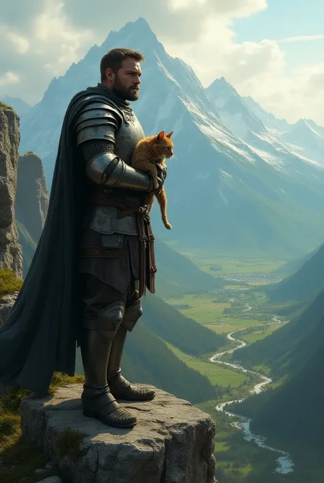  Make a medieval knight on a mountain looking at the landscape, He is a war-wounded knight , He has a cute cat in his arms, He has blood on his face