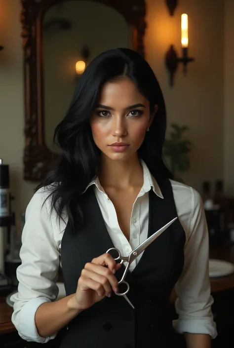 Barbera woman with long black hair and scissors in her hands 