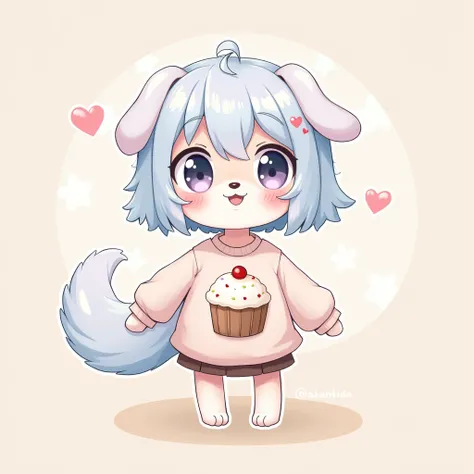 humanoid anime dog girl, her hair is pastel blue with pastel pink highlights, cute bsckground, she wears an oversized shirt with a muffin design, her tail is long and fluffy, she wears a short brown skirt