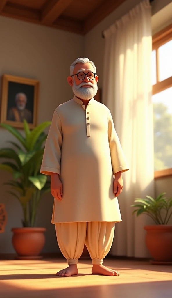 3d Animate styleCreate a detailed image of an elderly man standing in a warmly lit room. He is wearing a cream-colored traditional outfit, consisting of a long, loose kurta with full sleeves, paired with loose churidar or pajama-style trousers gathered at ...