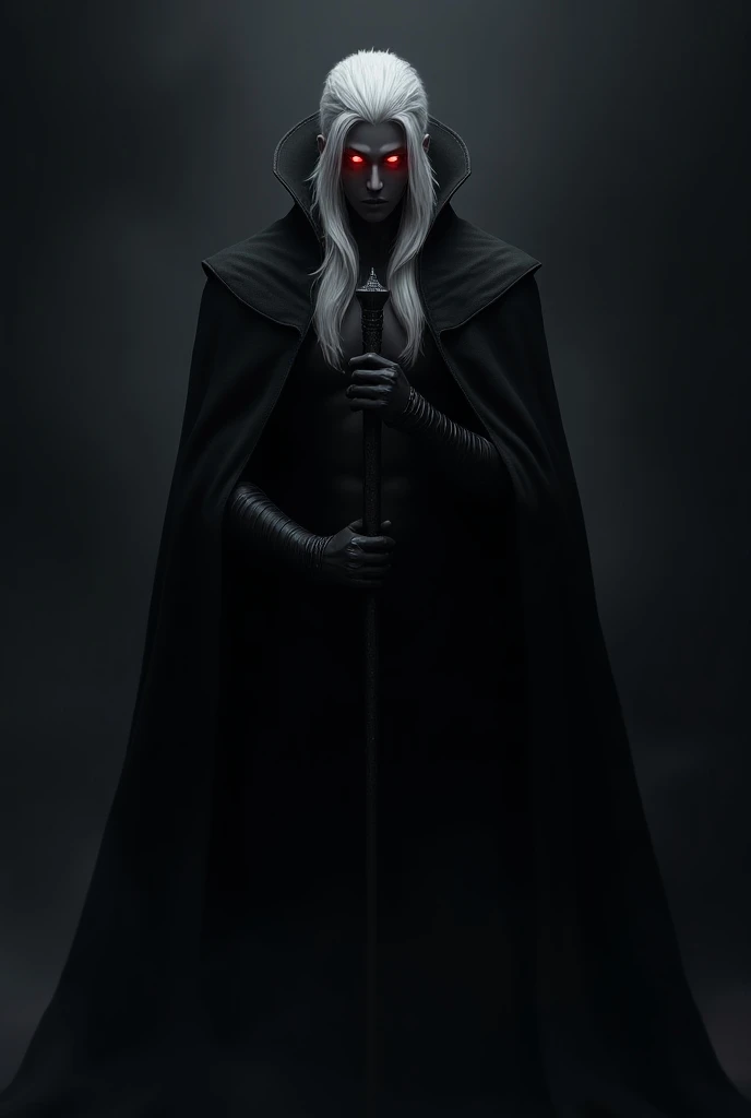 Black Elf, negro, high,  white-haired,  in his hand crimson-colored red eyes, black clothes, black cover, black gloves,  and a staff , Make him standing 