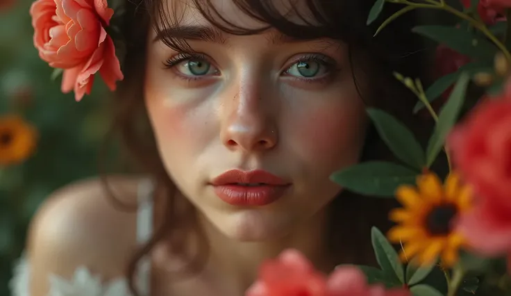 close-up A beautiful 18yo american girl with a stylish appearance, feeling blessed while praying and singing in the middle of a dreamy surronded with colorful colurful flowers background, sad expression with tears flowing, highly detailed, emotional, cinem...