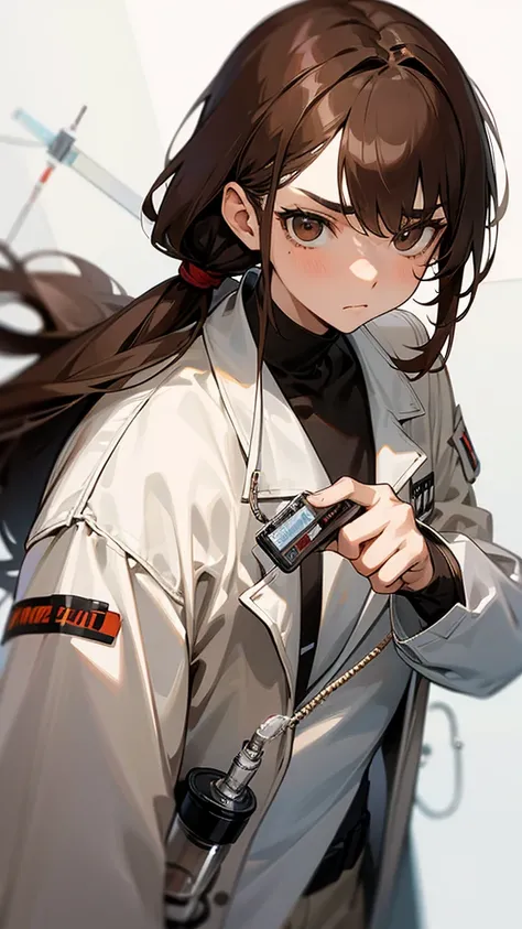 Man with brown hair and brown eyes
Bangs between eyes,white coat with hair tied back serious face 　Thin stand up picture , Long Hair, syringe close-up, 