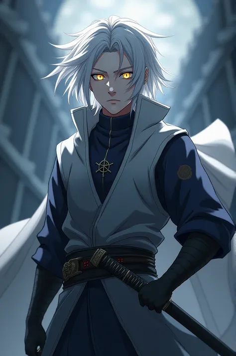  creates a character with completely white hair and his right eye is a moon and his left eye a sun,  His oval face has a small scar over his left eyebrow .  He wears a fitted Japanese-style ninja costume with dark gray details ,  a sword around his waist ,...