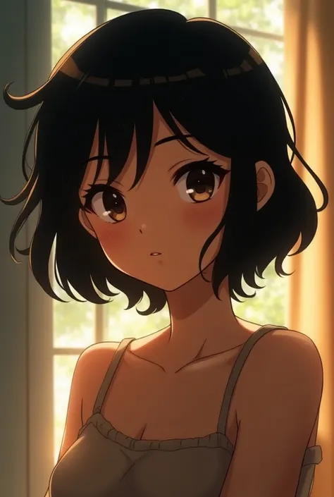 Profile picture with a anime girl with short black hair and brown skin with dark brown eyes 