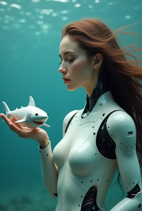 A very beautiful woman with a robot body and a very cute baby robot shark on her palms, as if she raised her palm in a supernatural way, the womans brown, five finger, model in the sea 