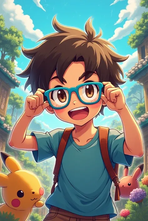 style manga pokemon, garçon de 4 ans, brun yeux marron, est en train de mettre ses lunettes bleues 