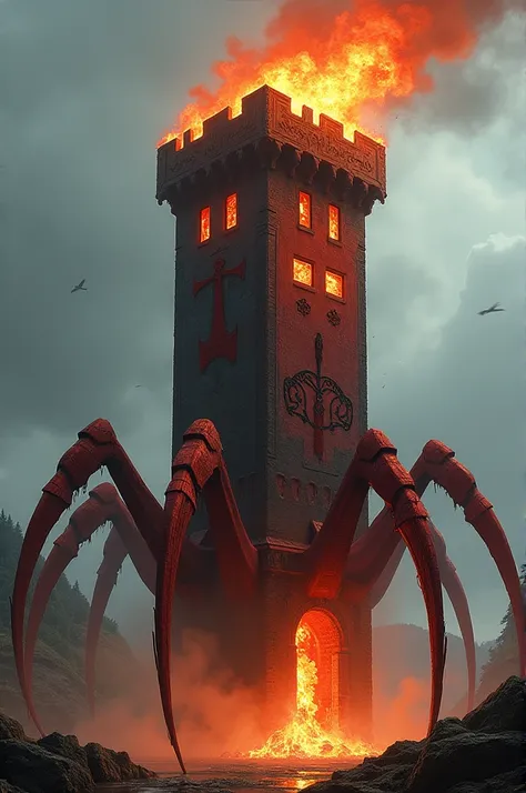 Uma Fire Tower, Medieval magic with legs like a spider ,  it has the color red and has a detail of a drawing of an axe on its side