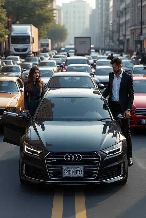 Generate a audi with number plate written as ERIC MUTUA in a parking  with many vehicles alongside somebody opening the door