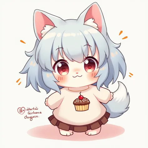 humanoid anime dog girl, her hair is pastel blue with pastel pink highlights, cute bsckground, she wears an oversized shirt with a muffin design, her tail is long and fluffy, she wears a short brown skirt