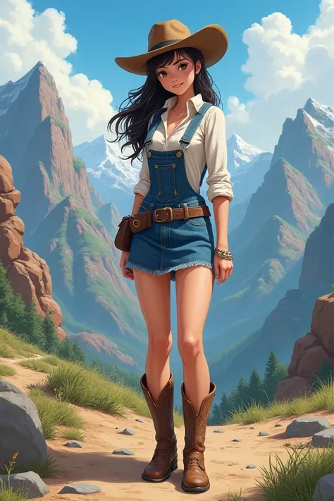 a woman, 28 years old, american woman, cowboy dress, short blue lee skirt, cowboy boots, western style, mountain environment, an...