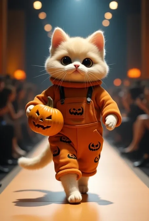 Fluffy cat walks on catwalk and wearing a Halloween overalls and sweater and holds a pumpkin in his hands with a cut-out face
