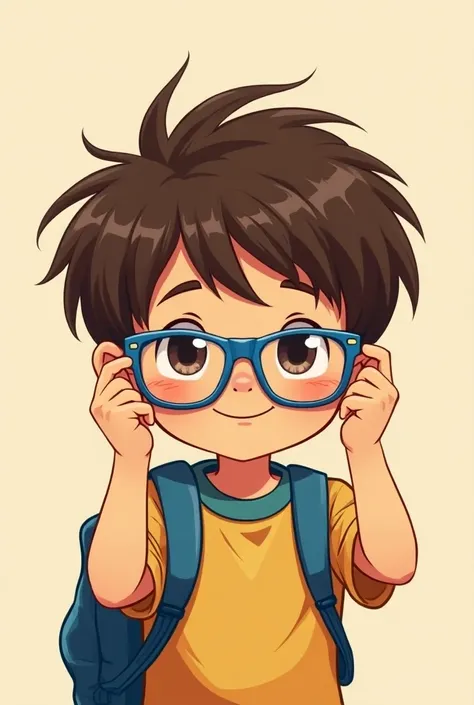 style manga, garçon de 4 ans, brun yeux marron, est en train de mettre ses lunettes bleues 