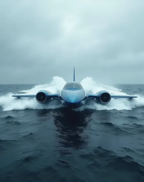 Design a hyper-realistic 8K image of a futuristic airplane traveling on the surface of the ocean, as if its gliding like a boat. The airplane has a sleek, modern design with a navy blue and white color scheme. The nose of the plane is solid and sharp, with...