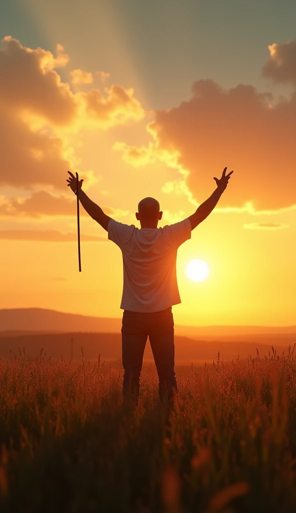 The Man, Now without the cane , Standing in an open field,  arms raised to the sky , as the sun sets behind him,  creating an inspiring silhouette.