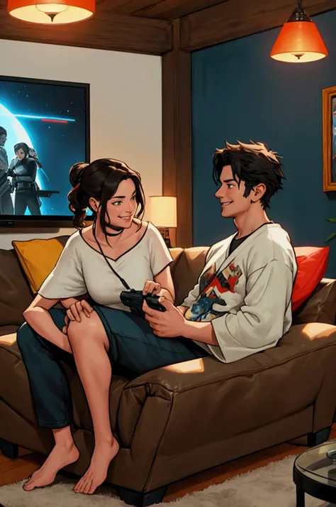 Image of a smiling heterosexual couple playing video games sitting on the couch in a living room with paintings of heroes from Star Wars and Marvel