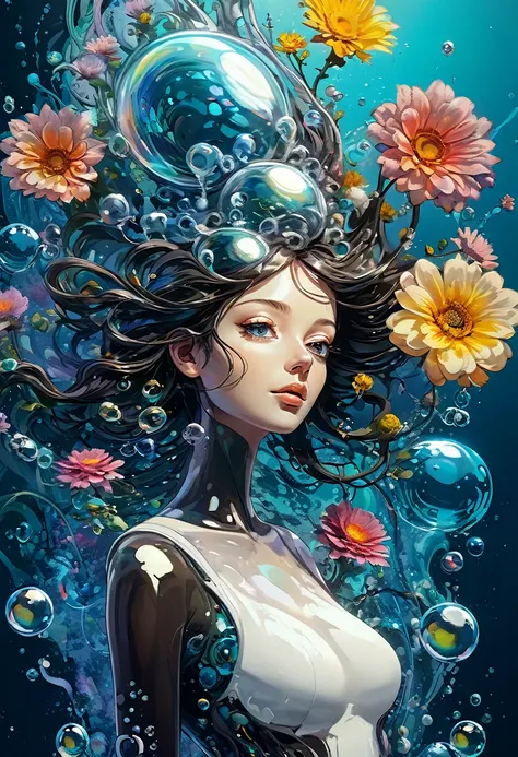 biomechanical yamer style style illustration beautiful woman, colorful melting human head. acrylic bubbles and flowers, ferrofluids, water distortions. looking up, intricate abstract. intricate artwork. beeple. blend of organic and mechanical elements, fut...