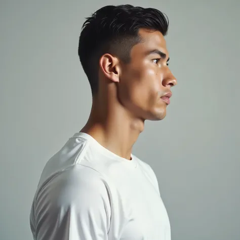 A young guy of 23 years old, model appearance, profile view, similar to Cristiano Ronaldo, photo sport,  white t-shirt sportswear, soft light, gray background