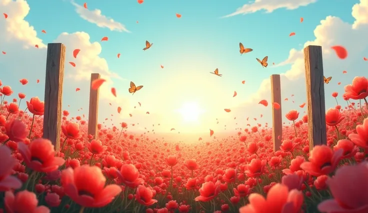 A vibrant field of red flowers in bloom, with petals being lifted into the air by a gentle breeze. The scene is framed by two tall wooden posts on either side, with a clear, soft blue sky above, featuring a few scattered, fluffy white clouds. The sunlight ...